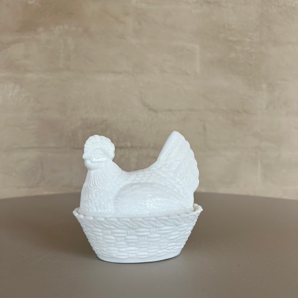 Vintage White Opaline Milk Glass Hen on Nest Trinket Dish mini size , Mcm Easter decor