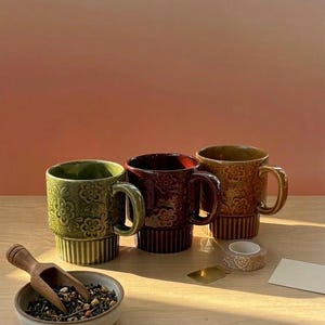 Vintage Japanese Floral Ceramic Mug Set, Retro 70s Stackable Coffee Cups, Embossed Flower Pottery, Japan Stoneware, Mid Century Kitchen