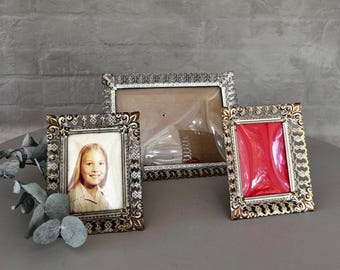 Vintage Brass Picture Frame Set of 3, Ornate Convex Glass Photo Frames, Mismatched Gold Gallery Wall & Tabletop Scandinavian Decor