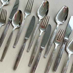 Può includere: Un set di posate d'argento, tra cui forchette, cucchiai e coltelli, con un design testurizzato e rigato. Le posate sono disposte in fila su una superficie grigio chiaro.