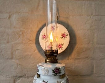 Vintage Porcelain Wall Kerosene Lamp with Pink Rose Floral Pattern, Cottagecore Wall Sconce Lighting