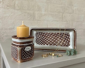 Vintage Søholm Kerzenhalter & Tablett Set - Danish Modern Steingut aus Bornholm, Dänemark