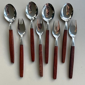 Vintage Danish Modern Edelstahl und Teak Gabel und Löffel Set - Mid-Century Modern Besteck