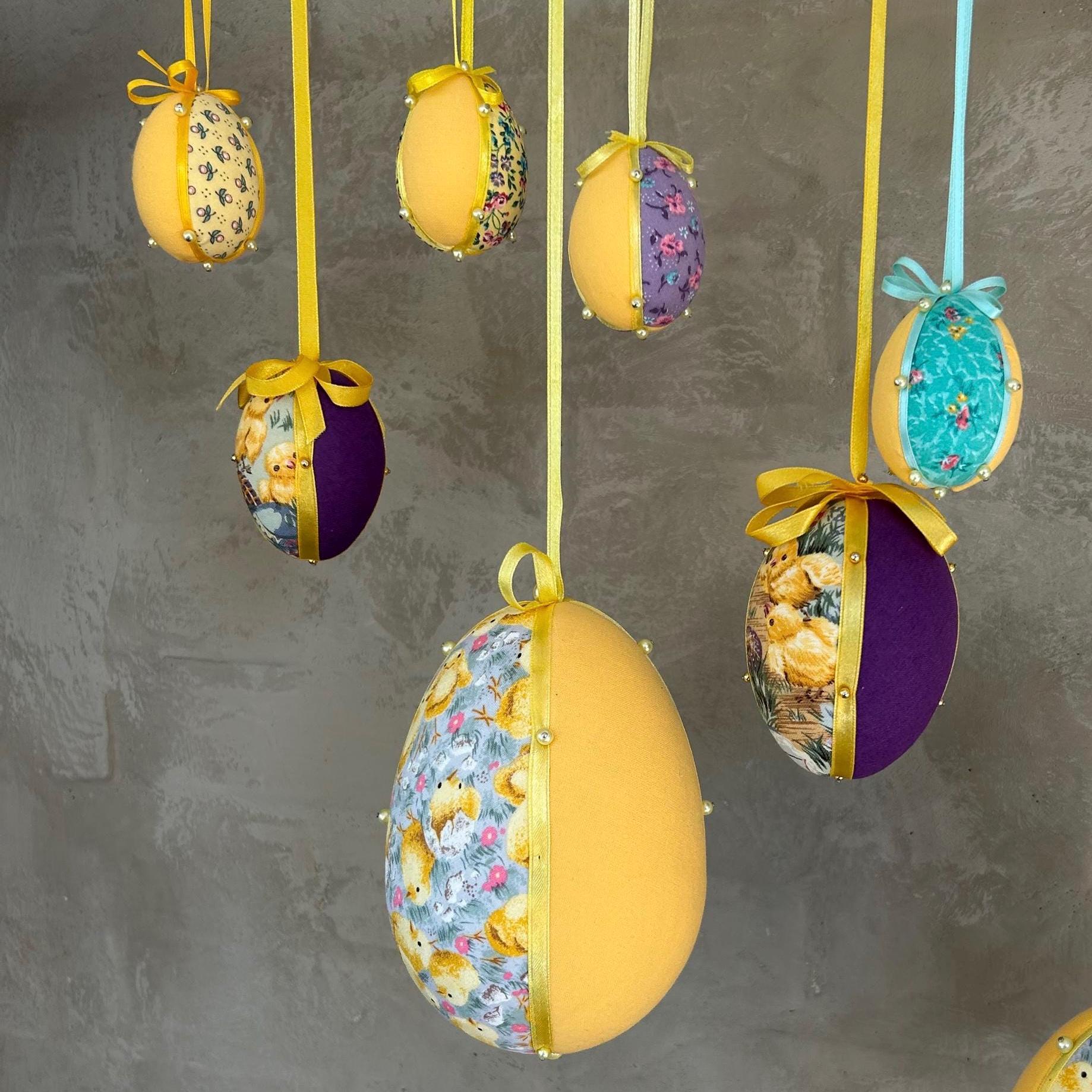 Handmade Patchwork Fabric Easter Egg Ornaments Vintage-Style Hanging Decorations Set of 8