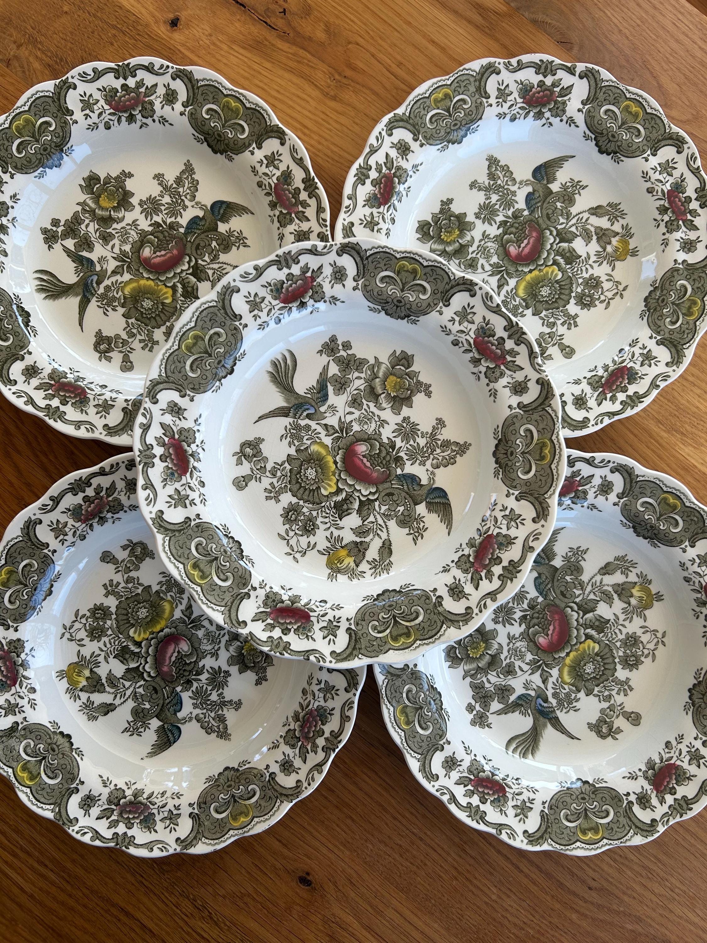 Vintage Ridgway Windsor Soup Plates: Hand-engraved Floral Bird