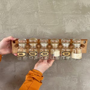 Vintage Belgian Glass Spice Jars with Wooden Rack – Apothecary Style