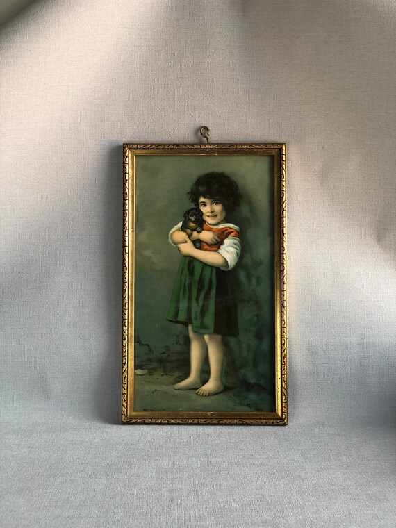 Vintage Framed Art Little Girl and Her Puppy 1970s Wall Art Etsy