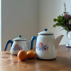 Vintage Enameled Kettle Sweden, white-based body , blue handles with retro floral pattern Enamel Pot produced by Kockum of Sweden 1960s