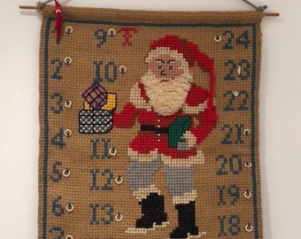 Danish Vintage christmas advent calendar, Danish Xmas Cross stitch advent Calender with Santa