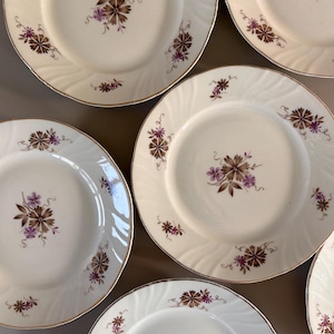 Puede incluir: Juego de seis platos de cerámica blanca con un diseño floral en tonos marrones y morados. Los platos tienen un borde dorado y un borde ligeramente elevado.