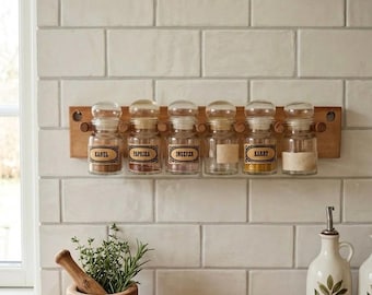 Vintage Belgian Glass Spice Jars with Wooden Rack – Apothecary Style