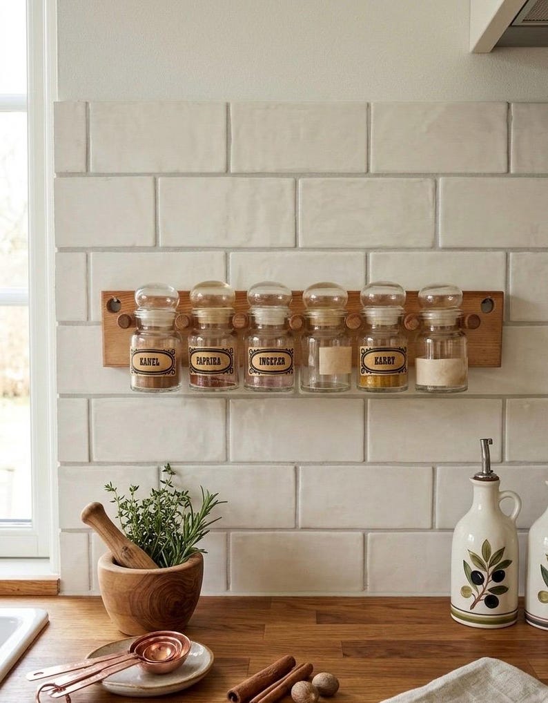 Vintage Belgian Glass Spice Jars with Wooden Rack – Apothecary Style