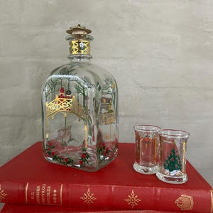 Vintage Holmegaard Christmas liquor Bottle and glasses 1999 , Design by Michael Bang Scandinavian vintage collectible Christmas Decor
