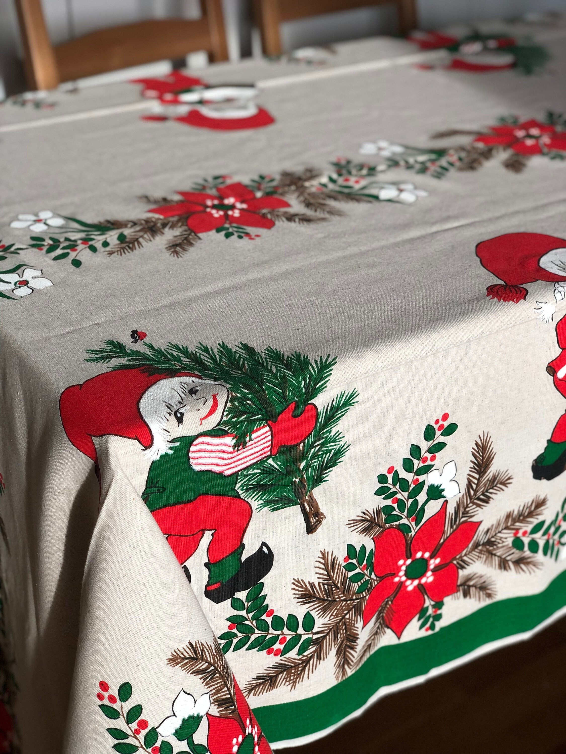 Vintage Christmas Tablecloth Tomte, Nisse ,poinsettia Almedahls