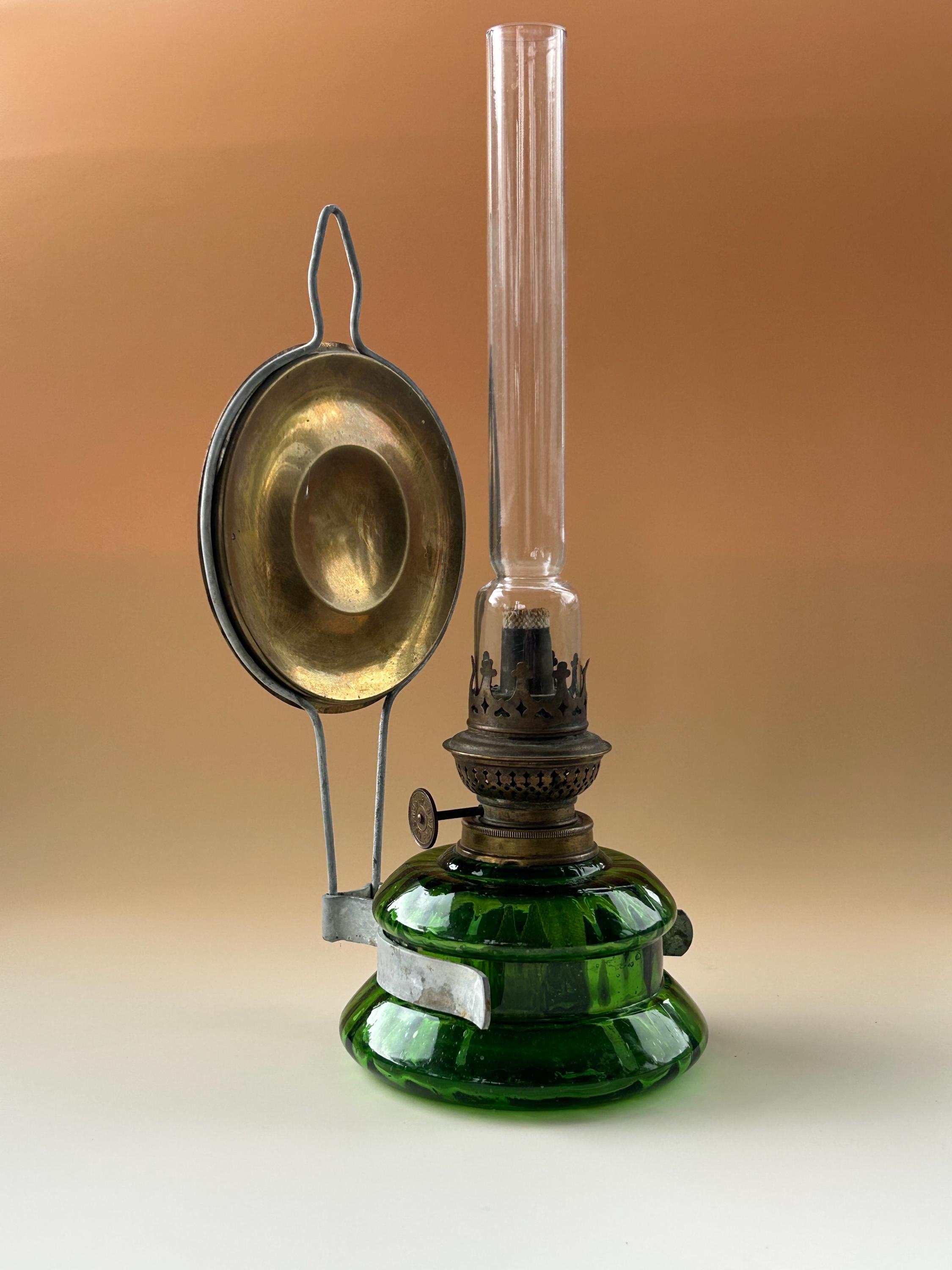 Kosmos Brenner Emerald Green Glass Oil Lamp With Brass Reflector