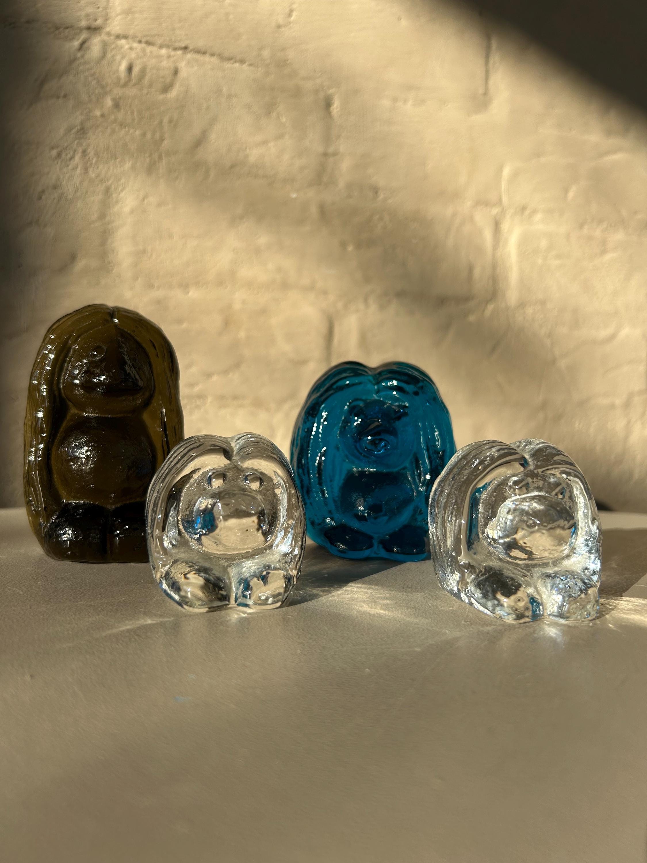 Vintage Bergdala Troll Figurines set of 4 amber-brown, clear and blue Designed by Peter Johansson Swedish Art Glass Collectible 1970s