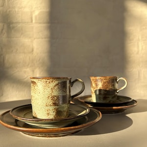 Vintage Porsgrund Norway Stoneware Tea Set: Brown Lava Glaze, Mid-Century Modern