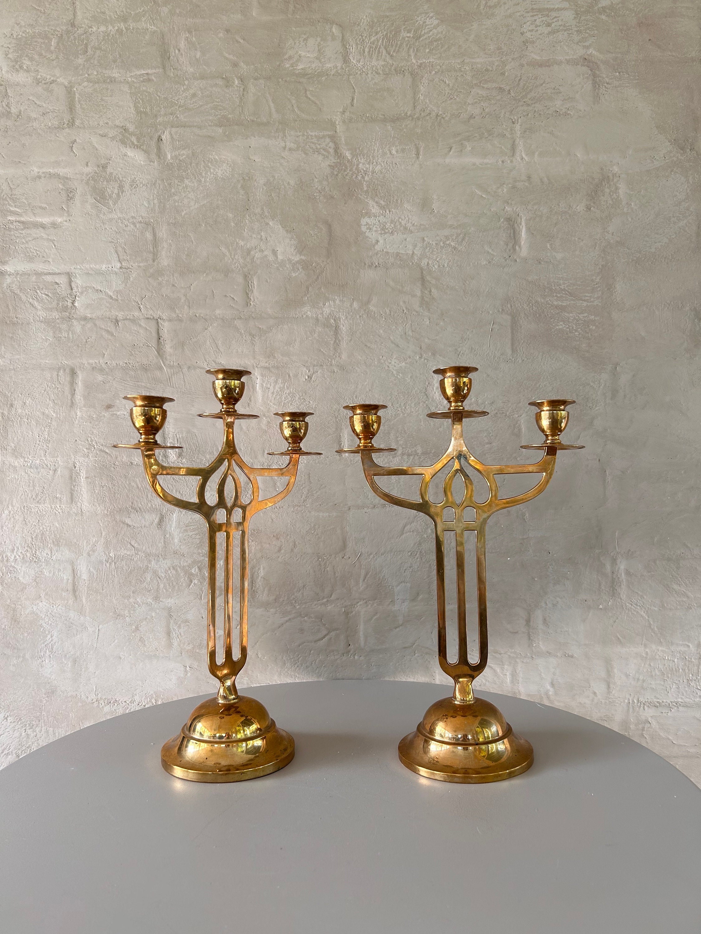 A pair of Swedish Art Noveau 3 arms brass candelabra , Jugend Sweden 1900’s Scandinavian decor