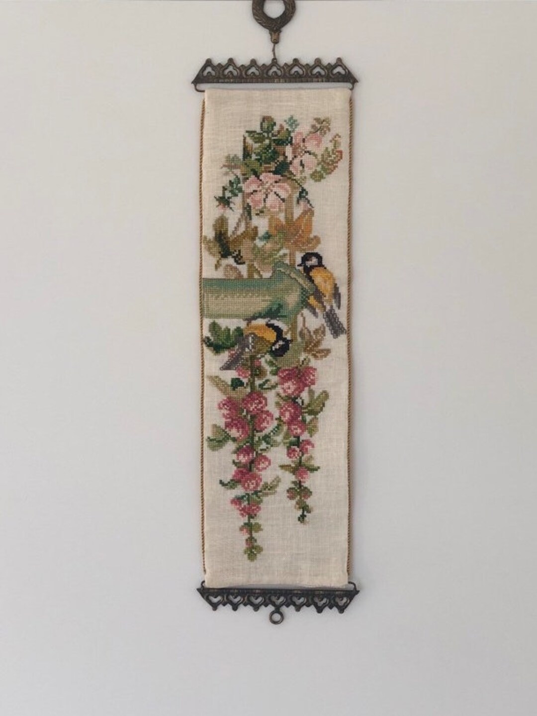 Cross Stitch Wall Hanging With Lovely Birds and Flowers .needle Point