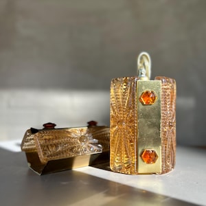 Vitrika  Aladdin wall sconce set with Swedish Orrefors amber thick sculptured glass and brass wall lamps, Midcentury Danish design 1960s