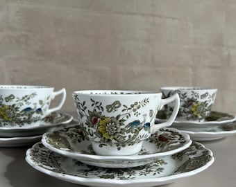Vintage Ridgway Windsor 2 trio set Tea / Coffe cups , saucer and plate set – Hand Engraved floral and bird motif Staffordshire England