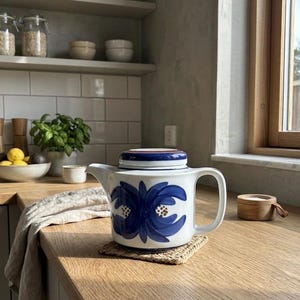 Könnte beinhalten: Weiße Keramik-Teekanne mit blauem Blumenmuster und passendem Deckel. Die Teekanne steht auf einem gewebten Untersetzer auf einer Holz-Arbeitsplatte. Die Küche umfasst Regale, Pflanzen und natürliches Licht.