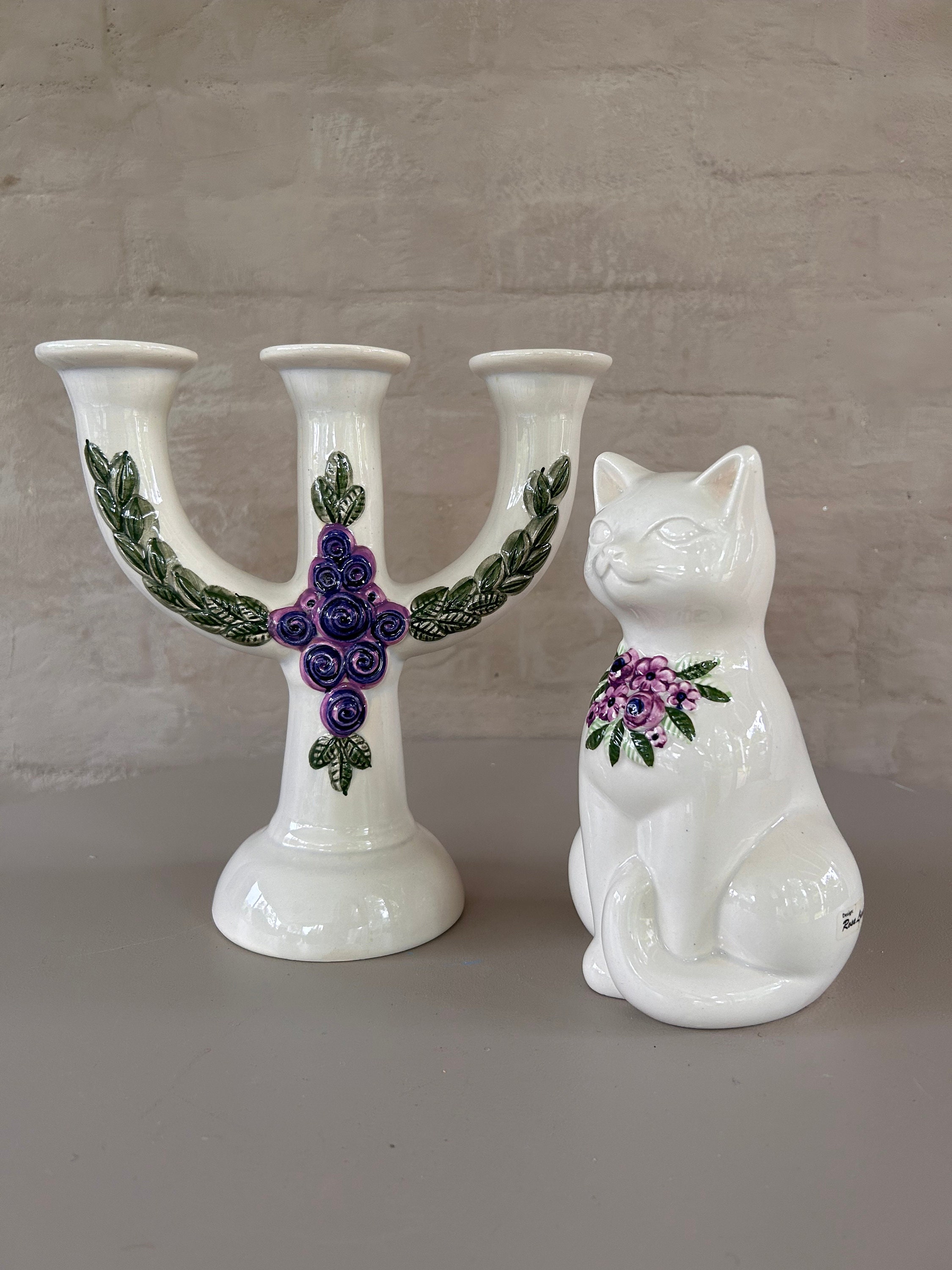 Rosa Ljung スウェーデン製陶器キャンドルホルダーと猫の置物