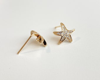 2 Pairs Gold Plated Starfish Zircon Earring Findings, Sterling Silver Posting, Earring Post with loop, Earring Findings for Jewelry Making