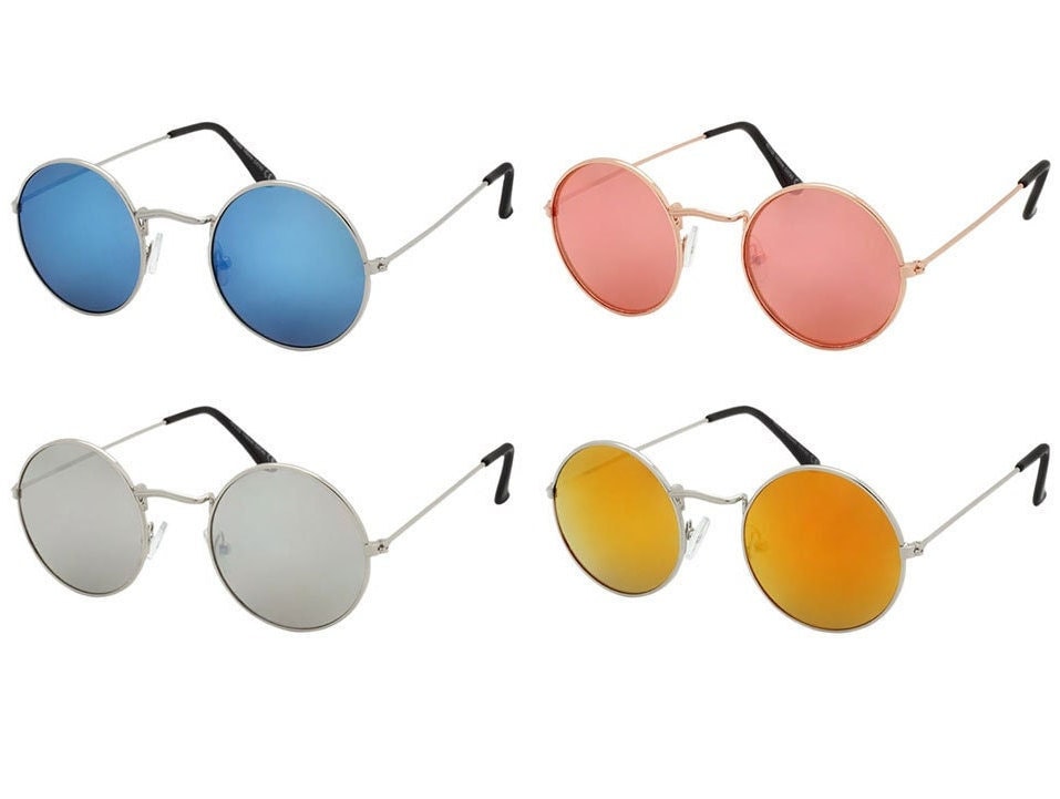 3 Pack Round Metal Frame Circle Rim Fashion Sunglasses for Women for Men,  Gunmetal, Brown & Blue