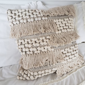 Cotton Woven Cushion Cover 50x50CM Squire Pillow Cover Loop with Fringe Hand Woven Pillow Case