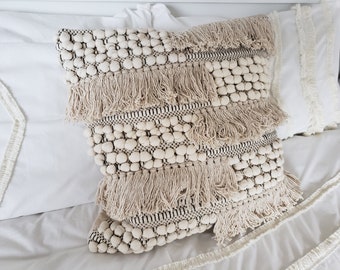 Cotton Woven Cushion Cover 50x50CM Squire Pillow Cover Loop with Fringe Hand Woven Pillow Case