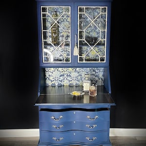 SOLD***Fortuny-Inspired Secretary Desk | Vintage Bar Cabinet | Blue Drinks Cabinet | Hand-Painted Statement Furniture | Glass Display Hutch