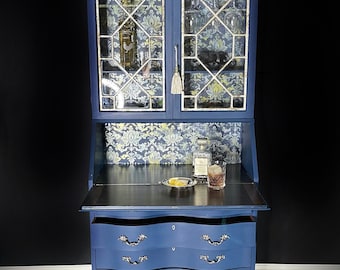 SOLD***Fortuny-Inspired Secretary Desk | Vintage Bar Cabinet | Blue Drinks Cabinet | Hand-Painted Statement Furniture | Glass Display Hutch