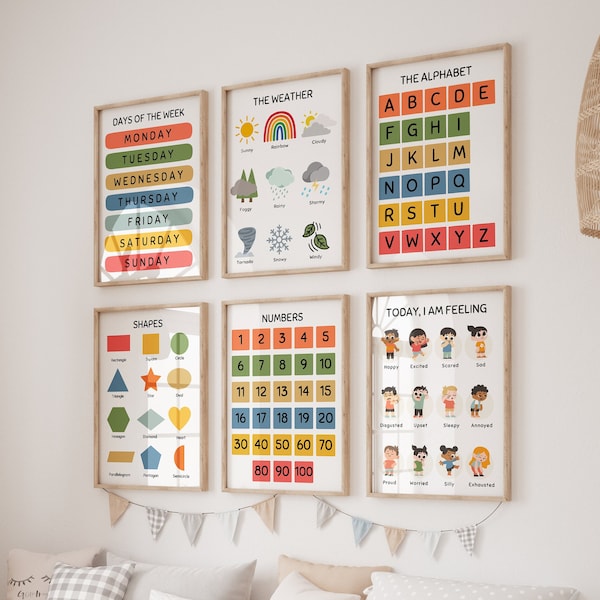 Set Of learning posters | Educational Prints For Children's Bedroom | Playroom | Learning days, weather, numbers, alphabet | Montessori