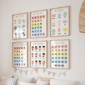Conjunto de carteles de aprendizaje / Impresiones educativas para el dormitorio de los niños / Sala de juegos / Días de aprendizaje, clima, números, alfabeto / Montessori