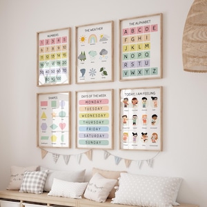 Conjunto de carteles de aprendizaje / Láminas educativas para dormitorio infantil / Sala de juegos / Días de aprendizaje, clima, números, alfabeto / Montessori
