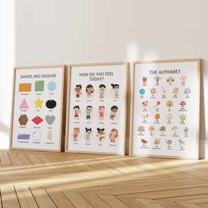 Conjunto de carteles de aprendizaje / Impresiones educativas para el dormitorio de los niños / Sala de juegos / Aprendizaje de formas, sentimientos, alfabeto / Montessori