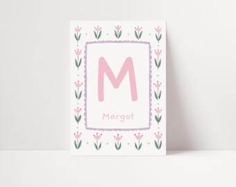 Personalised Initial Print, Toddler Nursery Decor, Custom Name Art, floral (Unframed)