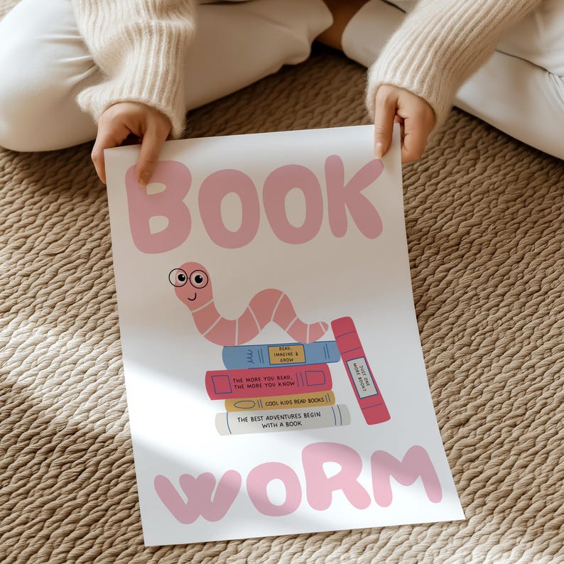 Bookworm Kids Room Print: Playroom Wall Art, Little Readers | UNFRAMED ...