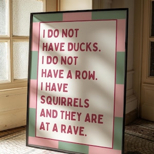 Könnte beinhalten: Gerahmter Kunstdruck mit weißem Hintergrund und Text in fetter, rötlich-rosa Schrift. Der Text lautet: „ICH HABE KEINE ENTEN. ICH HABE KEINE REIHE. ICH HABE EICHHÖRNCHEN UND SIE SIND AUF EINER RAVE.“ Der Rahmen hat einen schwarzen Rand mit rosa und grünen Akzenten.