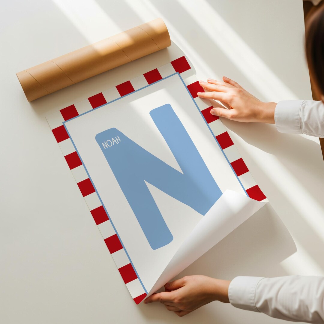 Personalised Initial Print: Kids' Room Checked Decor | UNFRAMED - Etsy