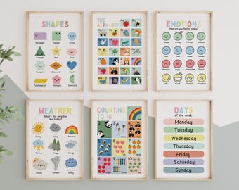 Set Learning Prints, Children's Bedroom, Nursery, Feelings, Weather, Shapes, Days, Numbers, Alphabet, Playroom Prints