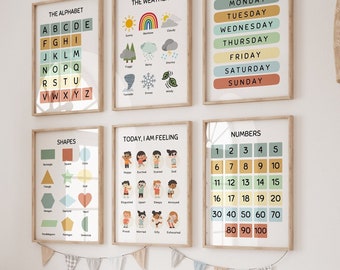 Set Of learning posters | Educational Prints For Children's Bedroom | Playroom | Learning days, weather, numbers, alphabet | Montessori