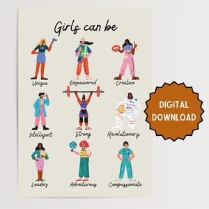 Girls Can Do Anything | Iconic Women Wall Print | Children&#39;s Wall Print | Playroom | Kids | Learning Poster | DIGITAL DOWNLOAD ONLY