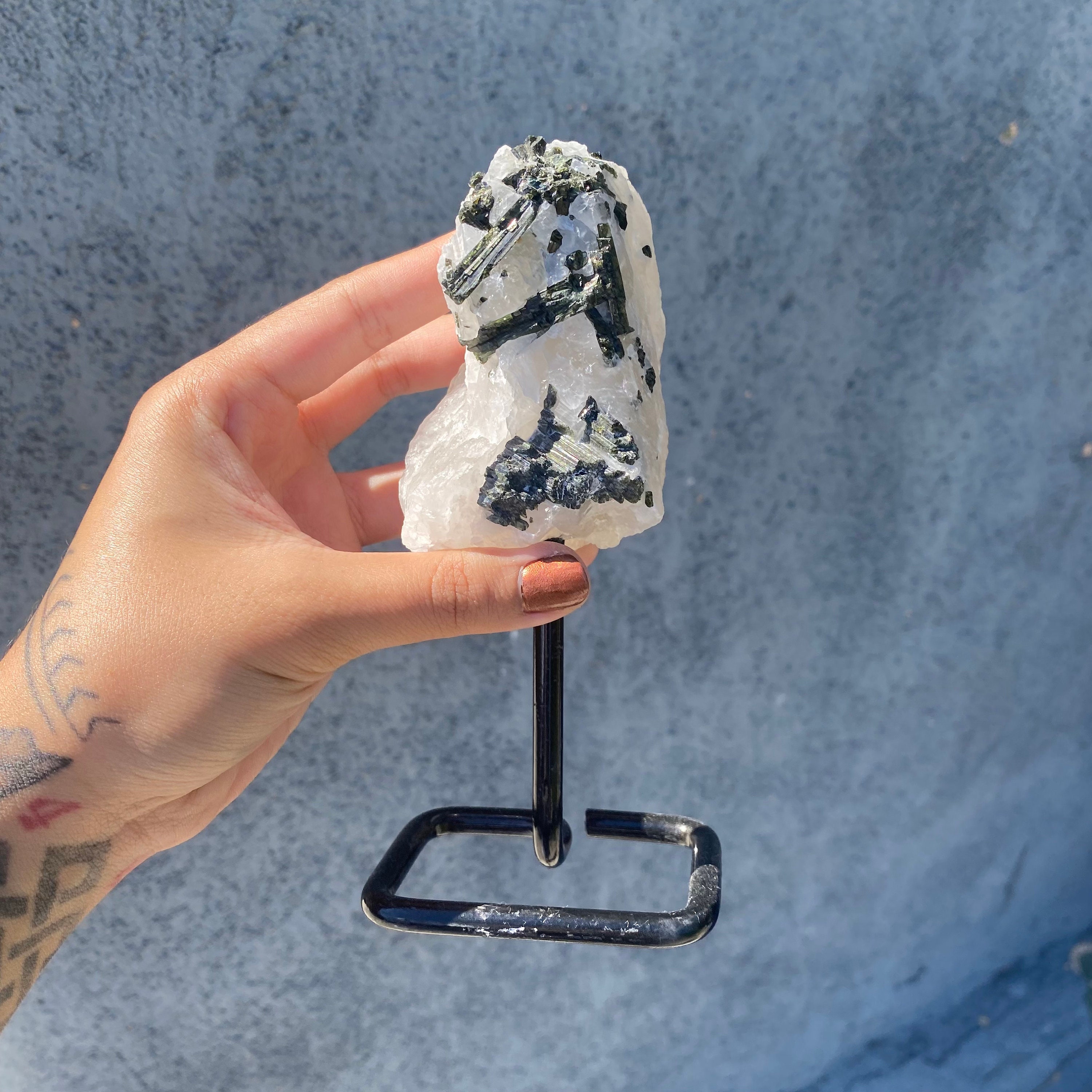 Raw Green Tourmaline Quartz on Metal Stand