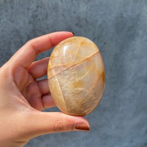 Puede incluir: Una gema de citrino pulida, de forma ovalada y lisa, de color amarillo claro y naranja. La piedra tiene una apariencia translúcida con estrías internas visibles.