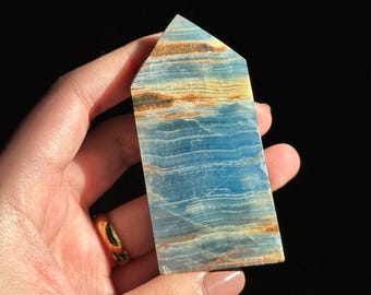 Blue Onyx Tower: Lemurian Aquatine Calcite Crystal