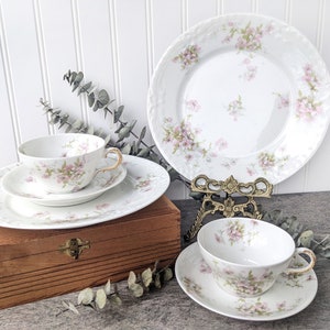 Vintage Set of Theodore Haviland Limoges France Tea Cups, Saucers, and Plates with Pink Flowers, Tea Party China, Bridal Shower Tea China