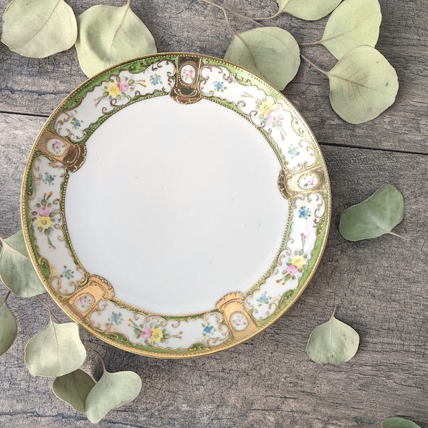 Vintage Nippon Hand Painted Green and Pastel Floral Plate with Gold Details, Cottage Decor, Plate Wall, China Serving Tray Cookie Plate