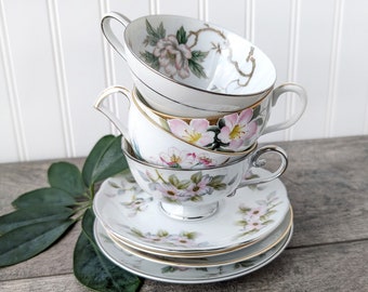 Set of 4 Mismatched Vintage Tea Cups with Matching Saucers, Pink Floral Theme, Bridal Shower Tea Party Supplies, High Tea Party, Tea Set